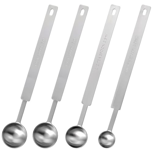4pcs Teaspoons Measuring Spoon,7In Long Handle Measuring Spoons, Stainless Steel Long Measuring Spoons Includes 1/4 tsp, 1/2 tsp, 1 tsp for Accurate Measure Liquid Dry Ingredients Ground Coffee