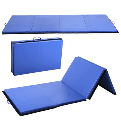4'x10'x2" 4-Panel Folding Gymnastics Mat, 2-Inch Thick PU Leather Tumbling Mat with Carrying Handles for Exercise, Yoga, Cheerleading, Martial Arts & Home Workouts - color: Blue