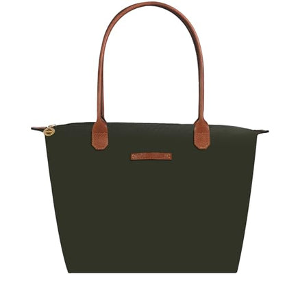 Waterproof Nylon Tote bag for Women Lightweight Designer Handbag with Zipper Stylish and Durable Purse - color: Dark Green, size: Medium