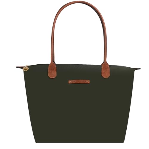 Waterproof Nylon Tote bag for Women Lightweight Designer Handbag with Zipper Stylish and Durable Purse - color: Dark Green, size: Medium