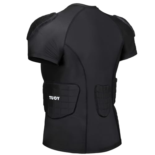 TUOY New Football Rib Chest Protector Shirt Padded Compression Shirts 6 Pads Adult Sizes Dark Black - color: Black, size: XX-Large