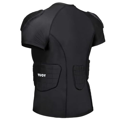 TUOY New Football Rib Chest Protector Shirt Padded Compression Shirts 6 Pads Adult Sizes Dark Black - color: Black, size: Large