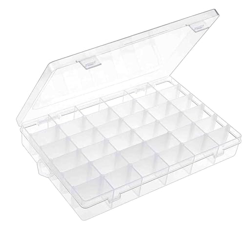 1pack 36 Grids Plastic Clear Organizer Box Bead Storage Containers with Adjustable Dividers for Craft Jewelry Fishing Tackles Parts Storage with 1 Sheets Label Stickers