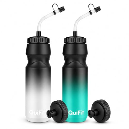 Lacrosse Water Bottle with Long Straw -32oz Hockey Water Bottle 2 Pack | 2 Lids Each- BPA Free Squeeze Sports Water Bottles, Leakproof Dishwasher Safe- for Helmet,Lacrosse (Black Blue+Black White) - color: Black Blue+Black White