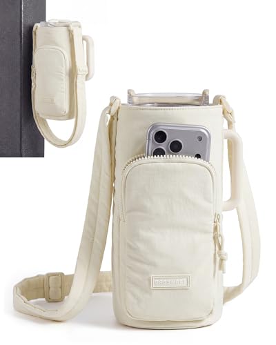 BAGSMART 40oz Water Bottle Holder with Strap, Quilted Gym Accessories | Magnetic or Classic Design, Lightweiht Tumbler Drink Carrier, Quilted Crossbody Purse - color: Ivory, size: 40oz Magnetic
