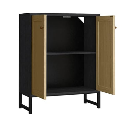Panana Rattan Decorated 2 Doors Storage Cabinet Accent Cabinet Living Room Cupboard Kitchen Sideboard Buffet Table (Black)