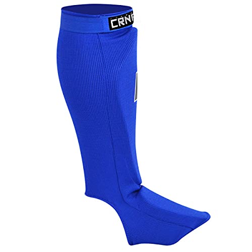Slip On Elastic Muay Thai Shin Guards – Kickboxing, MMA Sparring and Training Protective Instep Shin Pads - color: Blue, size: Large-X-Large