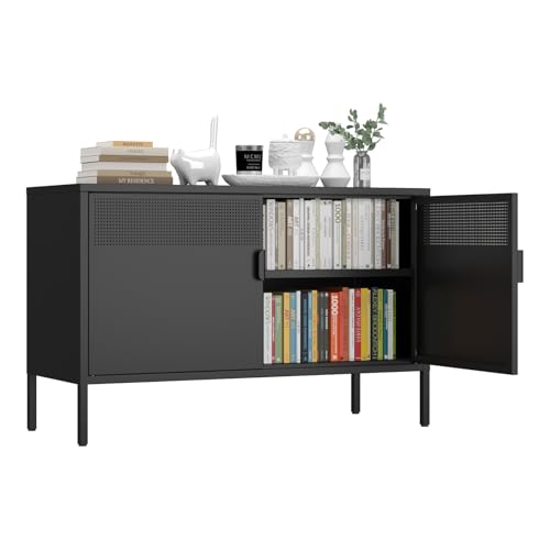 Metal Storage Cabinet,2 Door TV Stand, Metal Mesh Accent Cabinet,Magnetic Door Closure,Low Storage Cabinets with Doors and Shelf for Home,Office,Living Room - color: Black, size: 25"H