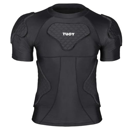 New Football Rib Chest Protector Shirt Padded Compression Shirts 6 Pads Adult Sizes Dark Black - color: Dark Black, size: Large