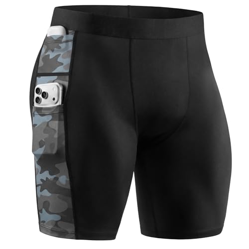 Mens Compression Shorts with Pocket, Spandex Running Underwear | Compression Muscle Support, 3 Pockets for Phone/Keys/Earbuds, Moisture-Wicking Stretch, for Gym, Athletic Workouts - color: Black Camo Blue-gray, size: Large