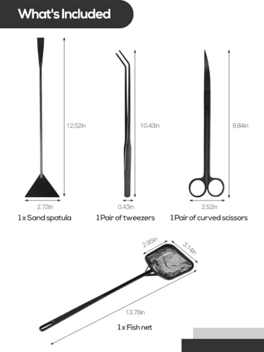 4-Piece Aquarium Tool Set, Curved Scissors, Tweezers, Sand Spatula & Fish Net for and Tank Cleaning