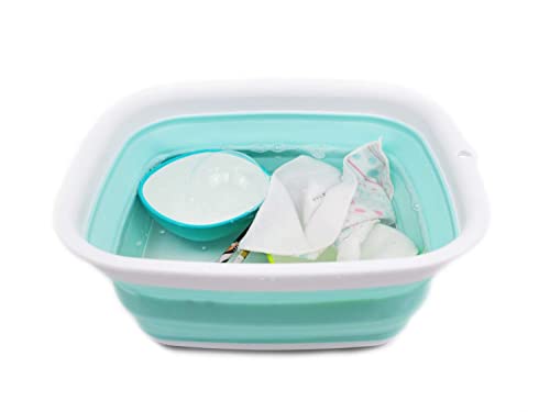 SAMMART 7.7L (2 Gallon) Collapsible Tub - Foldable Dish Tub - Portable Washing Basin - Space Saving Plastic Washtub (White/Lake Green, S) - color: White/Lake Green, size: Small