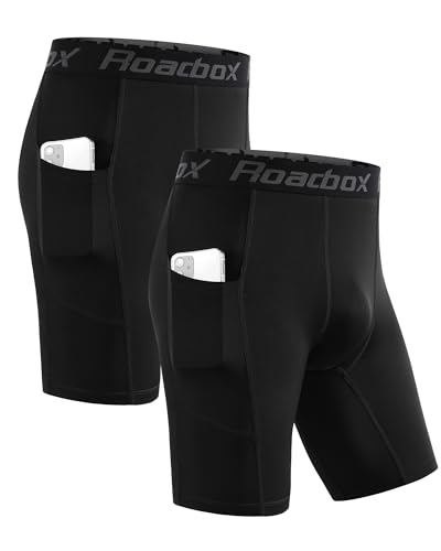 Roadbox Compression Shorts Men with Pocket, 1/2 Pack Quick Dry Spandex Running Athletic Workout Perfoemance Underwear - color: 2 Pack: Black, Black, size: Medium