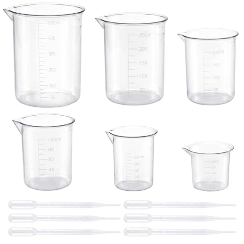 Plastic Beaker Set, 6 Sizes Low Form Measuring Graduated Polypropylene Beakers in 500 ml, 250 ml, 200 ml, 100 ml, 50 ml, 25 ml for Laboratories, Classrooms or Home Use with 6 Plastic Droppers in 3 ml