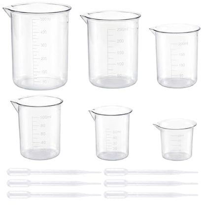 Plastic Beaker Set, 6 Sizes Low Form Measuring Graduated Polypropylene Beakers in 500 ml, 250 ml, 200 ml, 100 ml, 50 ml, 25 ml for Laboratories, Classrooms or Home Use with 6 Plastic Droppers in 3 ml