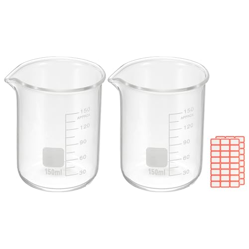 PATIKIL 150ml Glass Beaker, 2 Pack Measuring Glass Beaker Graduated Borosilicate Lab Cups Mug Low Form Heat Safe Transparent with Spout Label for Laboratory Science Kitchen Liquids - size: 150ml