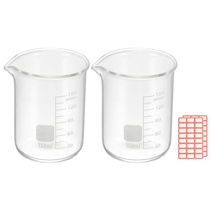 PATIKIL 150ml Glass Beaker, 2 Pack Measuring Glass Beaker Graduated Borosilicate Lab Cups Mug Low Form Heat Safe Transparent with Spout Label for Laboratory Science Kitchen Liquids - size: 150ml