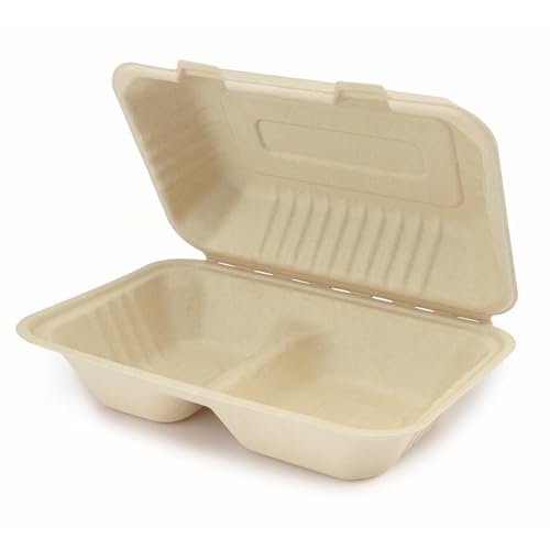 KARAT EARTH Clamshell Take Out Food Containers [9"x6", 200 ct ] 2 Compartments | Compostable To Go Containers, Natural Biodegradable Bagasse