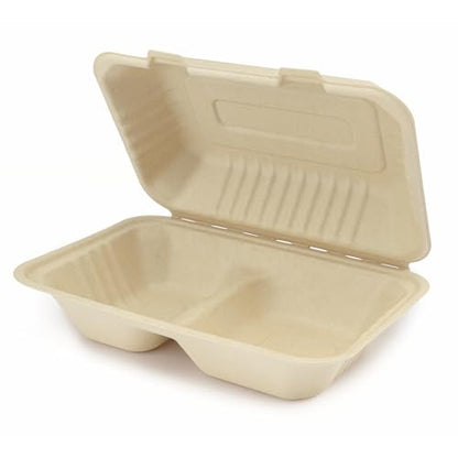 KARAT EARTH Clamshell Take Out Food Containers [9"x6", 200 ct ] 2 Compartments | Compostable To Go Containers, Natural Biodegradable Bagasse