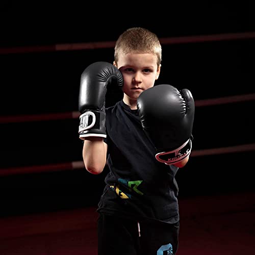 Kruzak Boxing Gloves for Kids 5-10 Years Training, Sparring, Kickboxing, Muay Thai, Martial Arts & MMA Fighting - Boys & Girls Punch Bag Mitts Training - color: Black, size: 6 oz