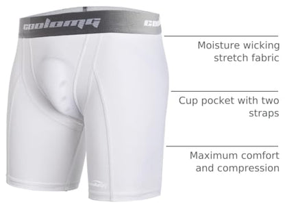 COOLOMG Men Compression Shorts with Cup Pocket Baseball Football, NO Cup - color: White, size: Large