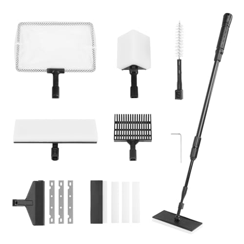 RUKANG Fish Tank Cleaner, 6 in 1 Aquarium Cleaning Tools Kit with 23~34 Inches Adjustable Long Handle Replaceable Blade Silicone Strip Algae Scraper Scrubber Brushes Set