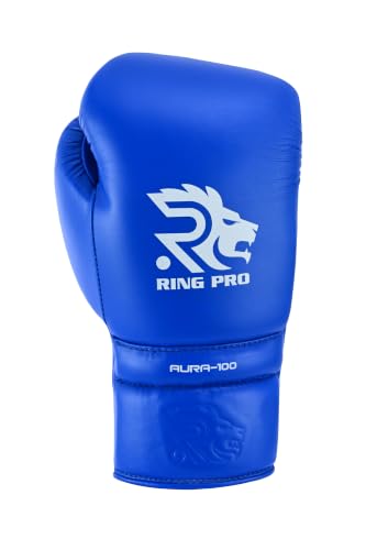 Aura 100 Full Grain Leather Lace Up Boxing Gloves for Men & Women – Professional Training, Sparring, Competition, Muay Thai, Kickboxing & Heavy Bag Gloves - color: Blue, size: 16 OZ
