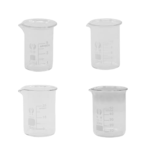 4Pcs Small Glass Beaker with V-Shaped Spout, Low Form Borosilicate Glass Graduated Printed Scale Measuring Cups for Home Classroom Craft Project (5ml+10ml+25ml+50ml) - size: 5ml+10ml+25ml+50ml