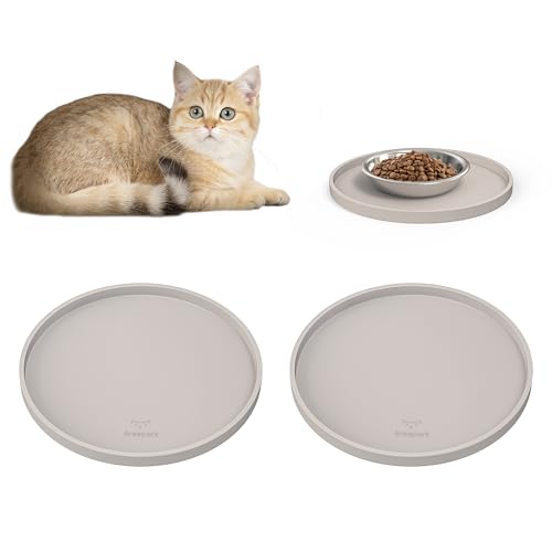 Arespark Cat Food Mat, Set of 2 Nonslip Waterproof Feeding Bowl Silicone Mats with Raised Edges for Food Water Prevent Spills, Round Eating Plates Tray for Dog Cat Puppy Kitten, 8'' x 8''