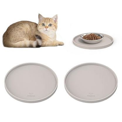 Arespark Cat Food Mat, Set of 2 Nonslip Waterproof Feeding Bowl Silicone Mats with Raised Edges for Food Water Prevent Spills, Round Eating Plates Tray for Dog Cat Puppy Kitten, 8'' x 8''