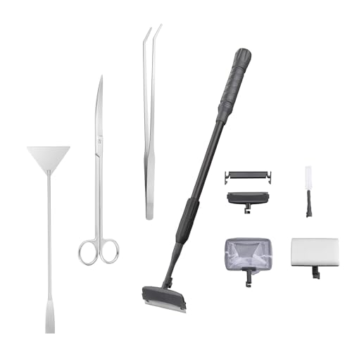 7IN1 Aquarium Cleaning Tools Long Handle Adjustable Length 18~24Inch Fish Tank Cleaner Kit Algae Scraper Scrubber Brushes Set Plant Scissor Long Tweezer