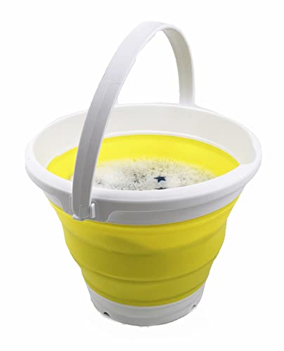 SAMMART 5.5L (1.4 Gallon) Collapsible Plastic Bucket - Foldable Round Tub - Portable Fishing Water Pail - Space Saving Outdoor Waterpot (White/Lemon)