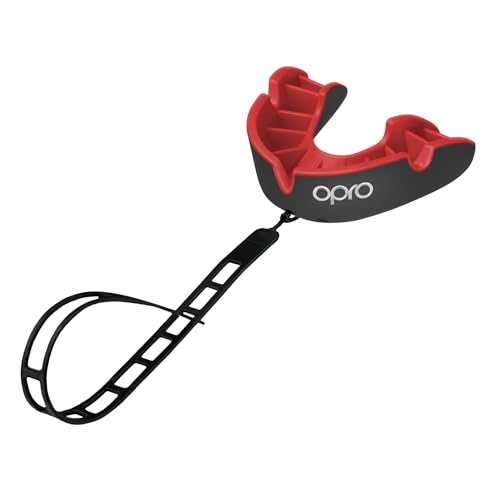 OPRO Silver Level Youth Moldable Mouth Guard with Strap Essential Fit Boxing Mouthguard for Football & Impact Sports, Self-Fit Mouth Guard for Sports, MMA & Hockey - Includes Case - color: Black/Red