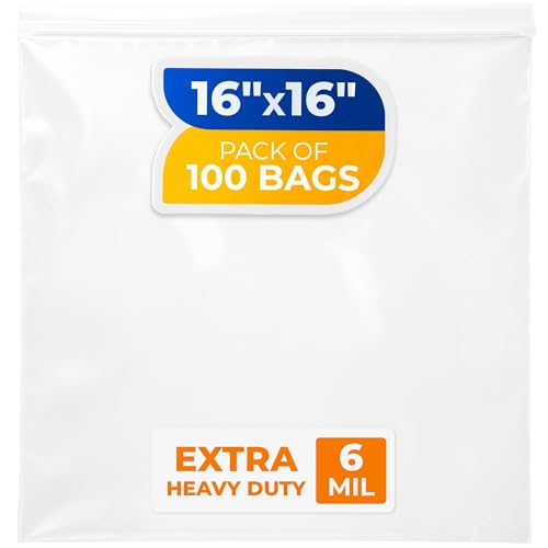 16" x 16" Reclosable Plastic Zip Bags, Pack of 100, 6 Mil Heavy-Duty Clear Poly Bags, Resealable for Food, Clothes, Hardware, Jewelry - size: 16"W x 16"H