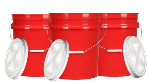 5 Gallon Food Grade BPA Free Made in USA Red Bucket Pail with White Air Tight Screw On Lid (Pack of 3)