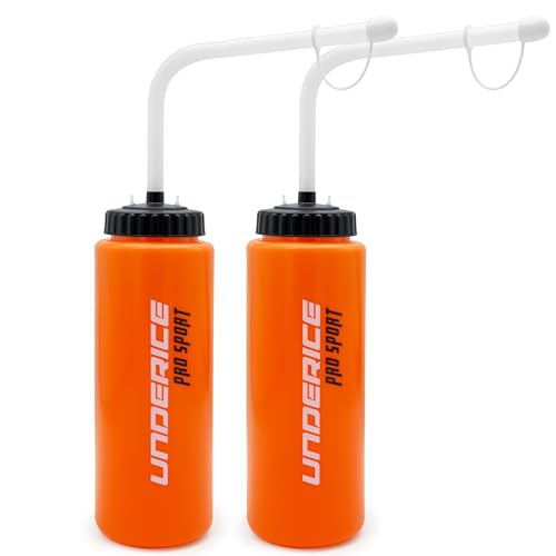 UICE Water Bottle with Straw,1 Liter Easy Squeeze Bottles for Hockey Curved Long Straw Built In Finger Grip,Sports Water Bottle for Football, Lacrosse, Boxing,Fitness-Orange - color: orange
