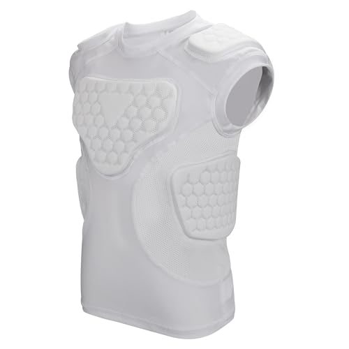 GUOZI Youth Football Padded Shirt with Chest Rib Shoulder Protectors | 5-Pad Impact Protection Compression Undershirt Vest With Heart Sternum For Football Baseball Lacrosse Paintball - size: X-Large, style: White