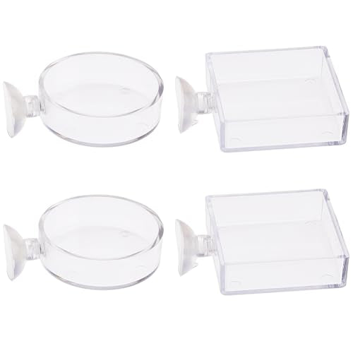 SUPERFINDINGS 4Pcs 2 Styles Fish Tank Feeder Dishes 7.3cm/2.9" Aquarium Shrimp Feeding Dish with Suction Cup Transparent Acrylic Fish Tank Feeding Bowls Shrimp Feeder Dish for Shrimps Fish Betta