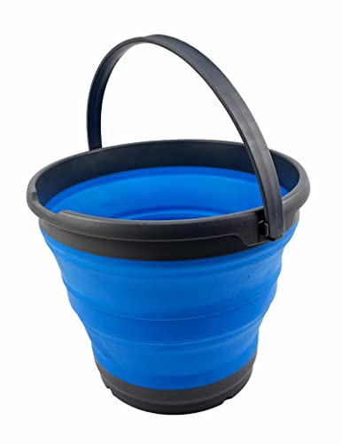 SAMMART 10L (2.6 Gallon) Collapsible Plastic Bucket - Foldable Round Tub - Portable Fishing Water Pail - Space Saving Outdoor Waterpot, Size 33cm Dia (Grey/Cerulean)