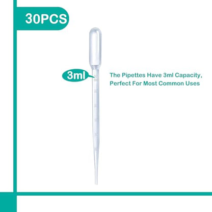 3ML Dropper Pipettes Essential Oil Transfer, Eye Dropper,Disposable Plastic Eye Dropper for Science Experiments, Crafting, Makeup Tool (30)