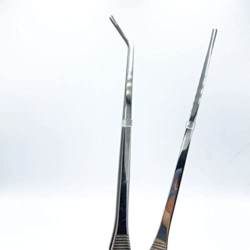 2PCS Aquarium Tweezers Stainless Steel Straight and Curved Tweezers Set Long Handle Reptile Feeding Tongs for Aquatic Plants Lizards Spider Snakes Garden Repairing - 10.6inch, Silver