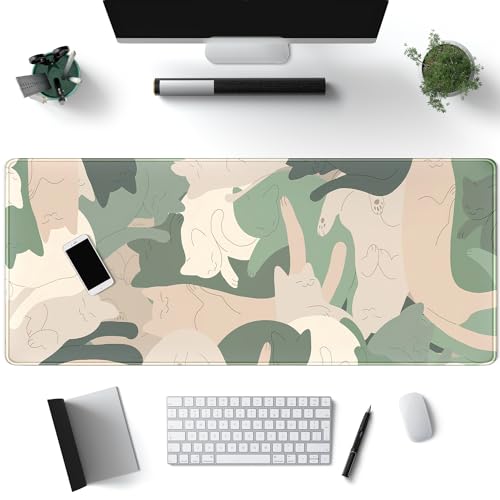 Green Simple Cat Desk Mat Sleeping Cute Long Cool Mouse Pad for Laptop Gaming Computer Keyboard Pad Office Decor Desk Pads Accessories On Top of Desks Office Supplies Mat (31.5x11.8In) Stitched Eges - color: Multi Green