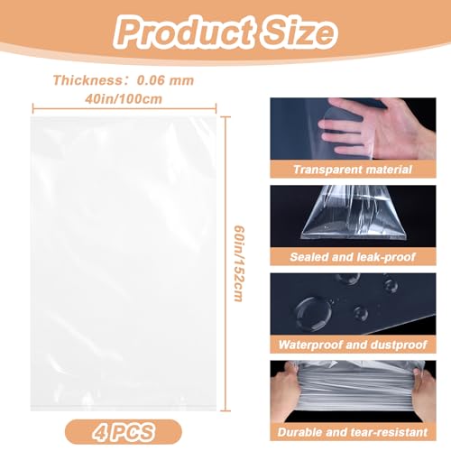 4 Pcs Large Clear Plastic Storage Bags - 2.4 Mil Heavy Duty Thick Extra Large 40x60 Moving Bags for Luggage Cover Suitcase Furniture Clothes Dust Protection,Reusable Transparent Home Storage