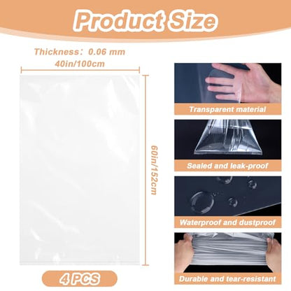 4 Pcs Large Clear Plastic Storage Bags - 2.4 Mil Heavy Duty Thick Extra Large 40x60 Moving Bags for Luggage Cover Suitcase Furniture Clothes Dust Protection,Reusable Transparent Home Storage
