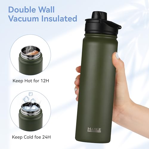 HASLE OUTFITTERS Insulated Water Bottle 22 oz Double Wall Stainless Steel Water Bottle Wide Mouth with Straw Lid & Spout Lid Keeps Cold or Hot(Army Green,1) - color: Army Green, size: 22 Ounces