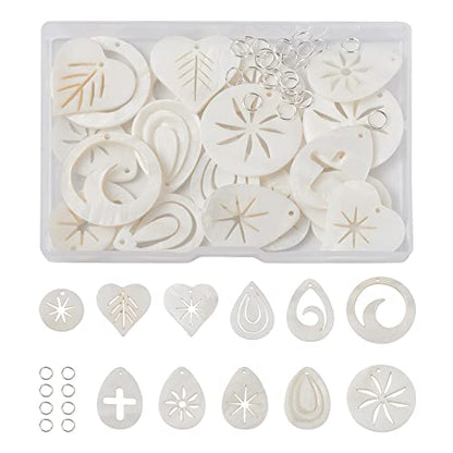Craftdady 22pcs Natural Freshwater Shell Pendants Teardrop Heart Ring Shape Charms Flat Round Mixed Beach Ocean Seashell Beads Charms with Open Jump Rings for Jewelry Crafts Making - color: Seashell Color