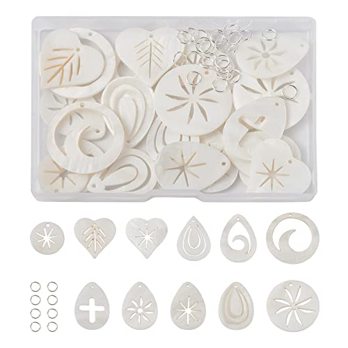 Craftdady 22pcs Natural Freshwater Shell Pendants Teardrop Heart Ring Shape Charms Flat Round Mixed Beach Ocean Seashell Beads Charms with Open Jump Rings for Jewelry Crafts Making - color: Seashell Color