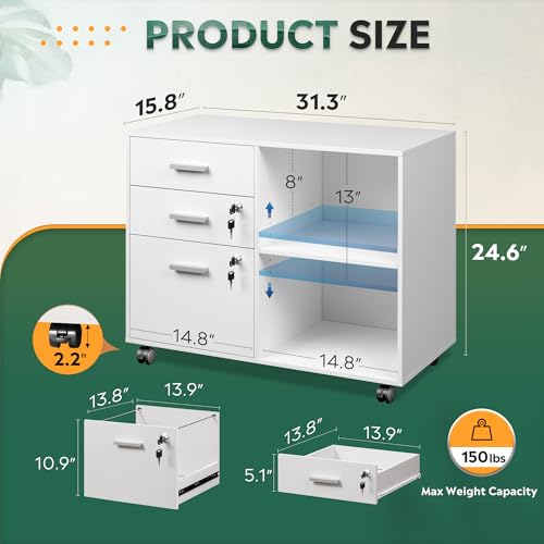 DEVAISE 3-Drawer Wood File Cabinet with Lock, Mobile Lateral Filing Cabinet, Printer Stand with Open Storage Shelves for Home Office, White - color: White