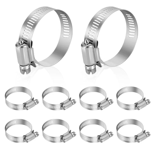 Hose Clamp, Stainless Steel Hose Clamps 1 1/4 Inch to 2 1/4 Inch, Large Adjustable Worm Gear Hose Clamps Assortment Kit Pipe Tool for Fuel Line, Plumbing, Automotive Mechanical, 10 PCS Hose Clamp Set