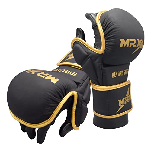 MRX MMA Professional Protective Grappling Gloves 7oz Muay Thai Training Kickboxing Punching Sparring Sports Cage Fighting Combat Glove Boxing Punching Glove Mitts - color: Black Golden, size: Small-Medium